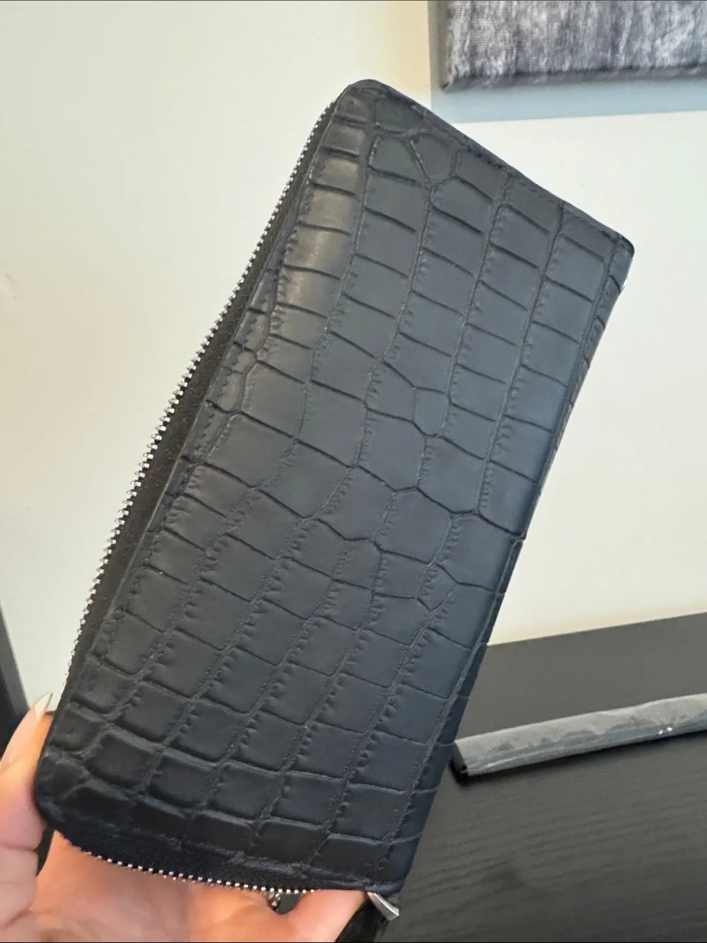 Black Croc-Embossed Zip Wallet